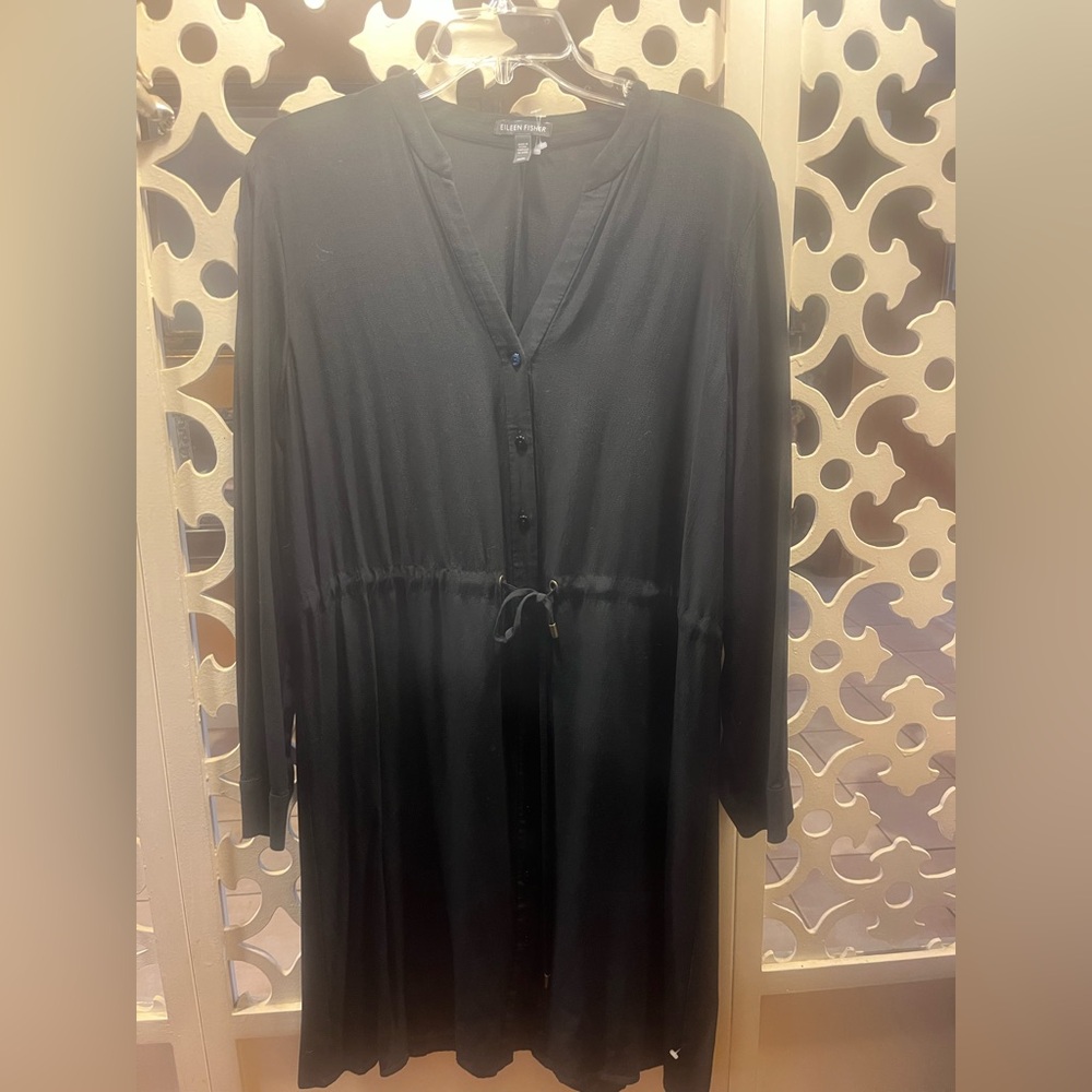 Black Eileen fisher drawstring knee length casual dress long sleeves